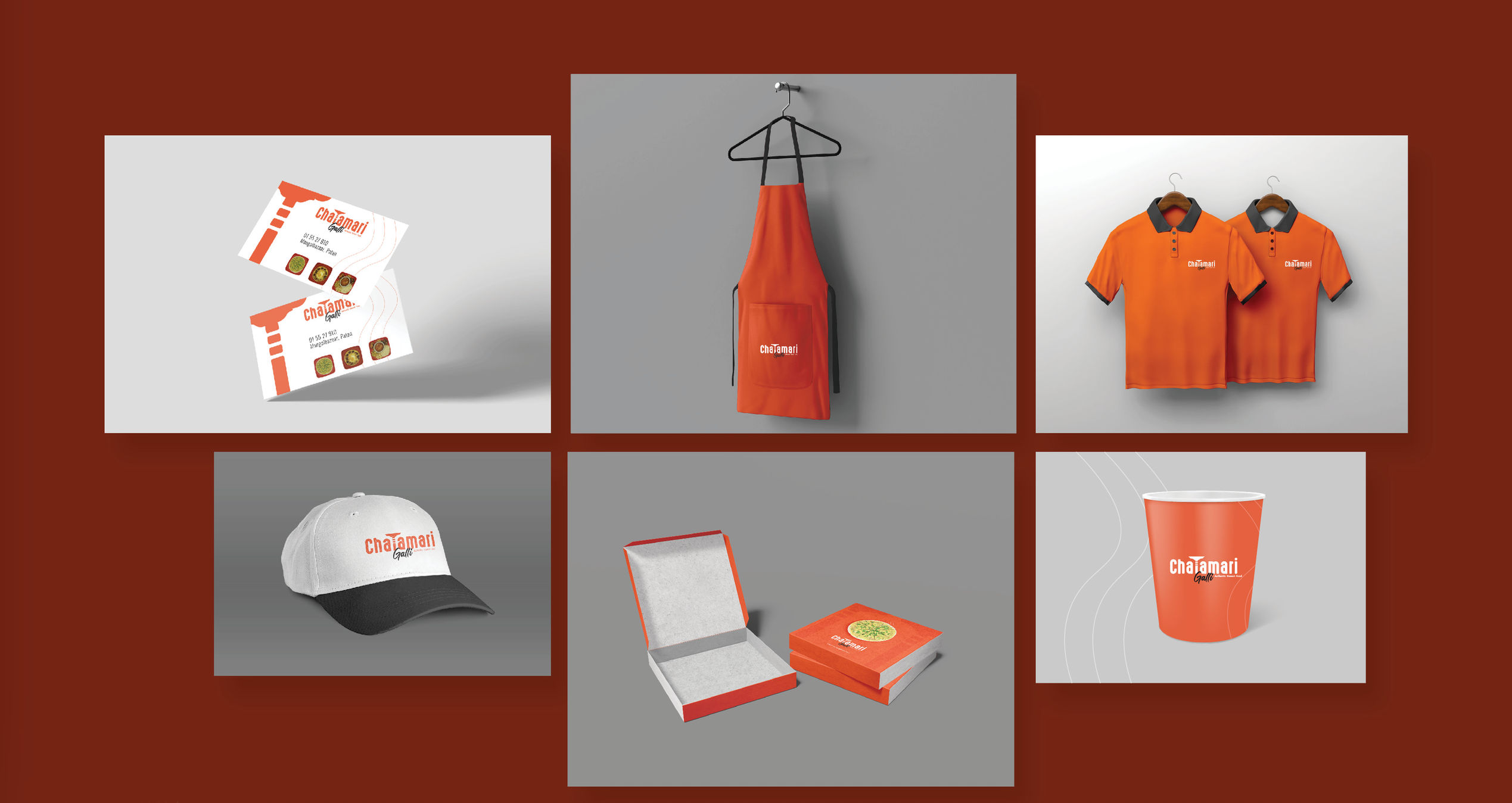 Business cards, apron, polo shirts, cap, takeaway box and cup carrying the Chatamari identity