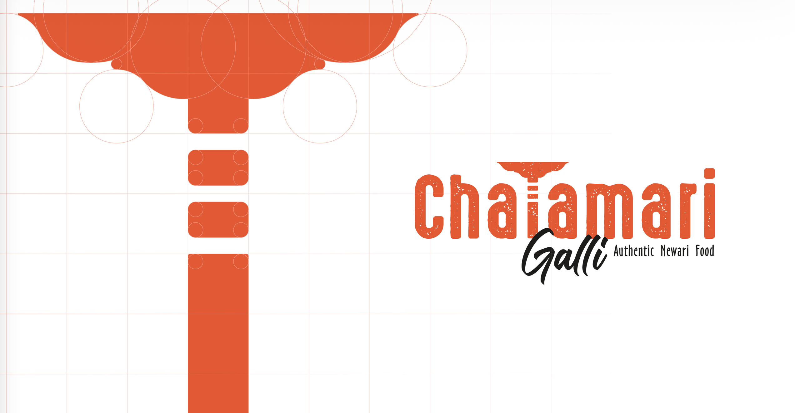 Chatamari Galli logotype drawn on a circle-and-grid construction beside the finished orange wordmark