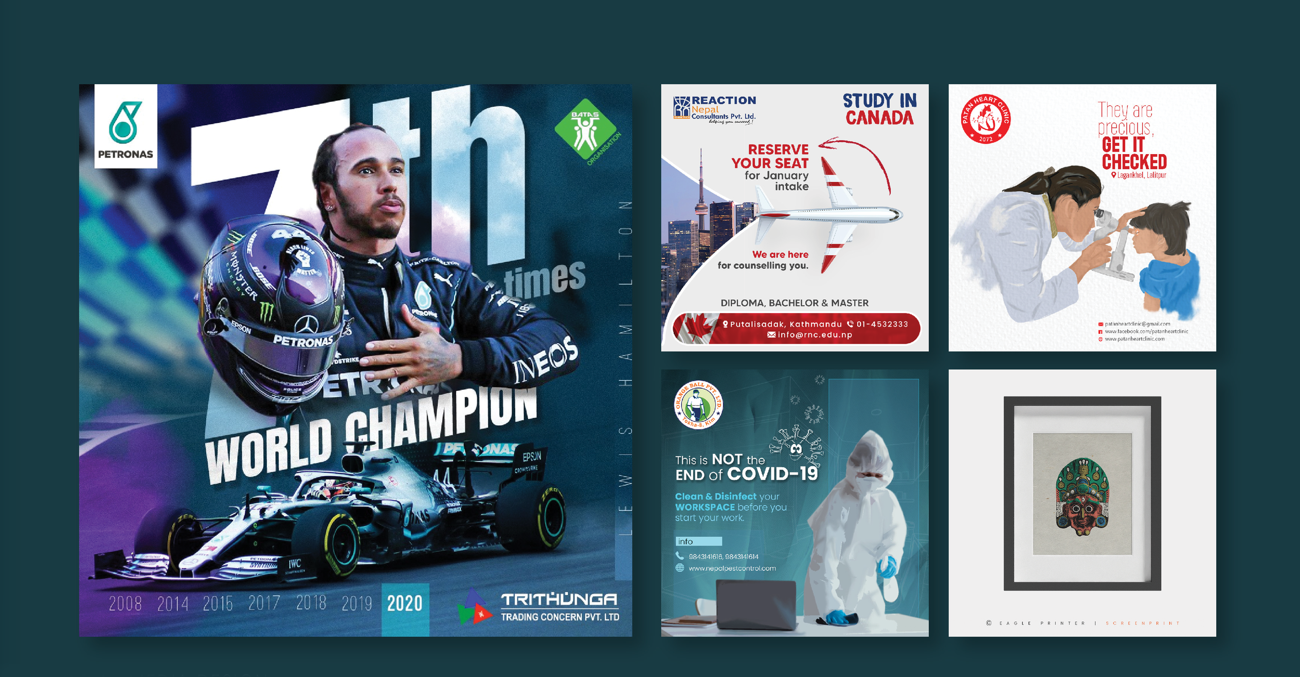 Promotional posters across five clients