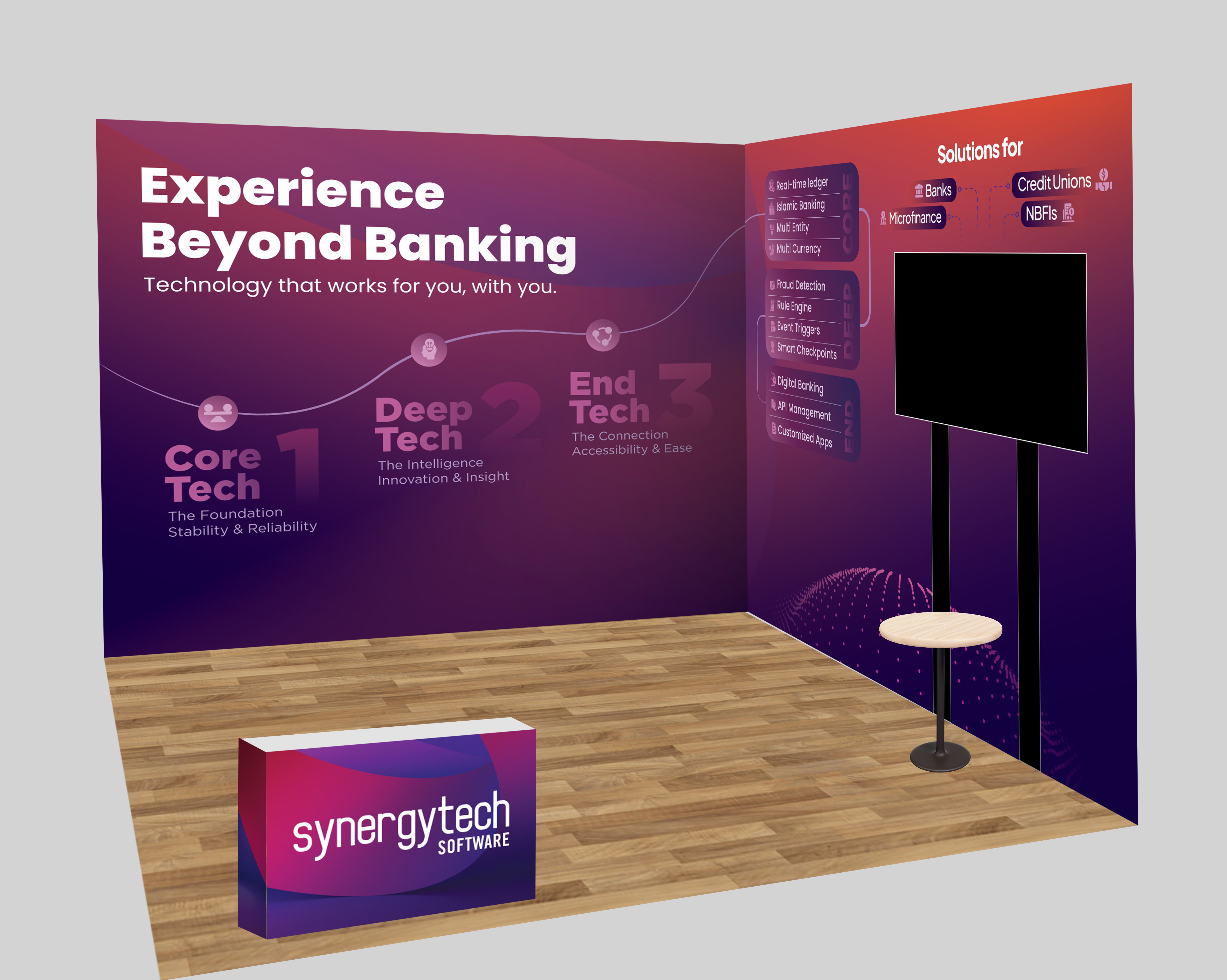 Exhibition booth wall graphics explaining the platform tiers